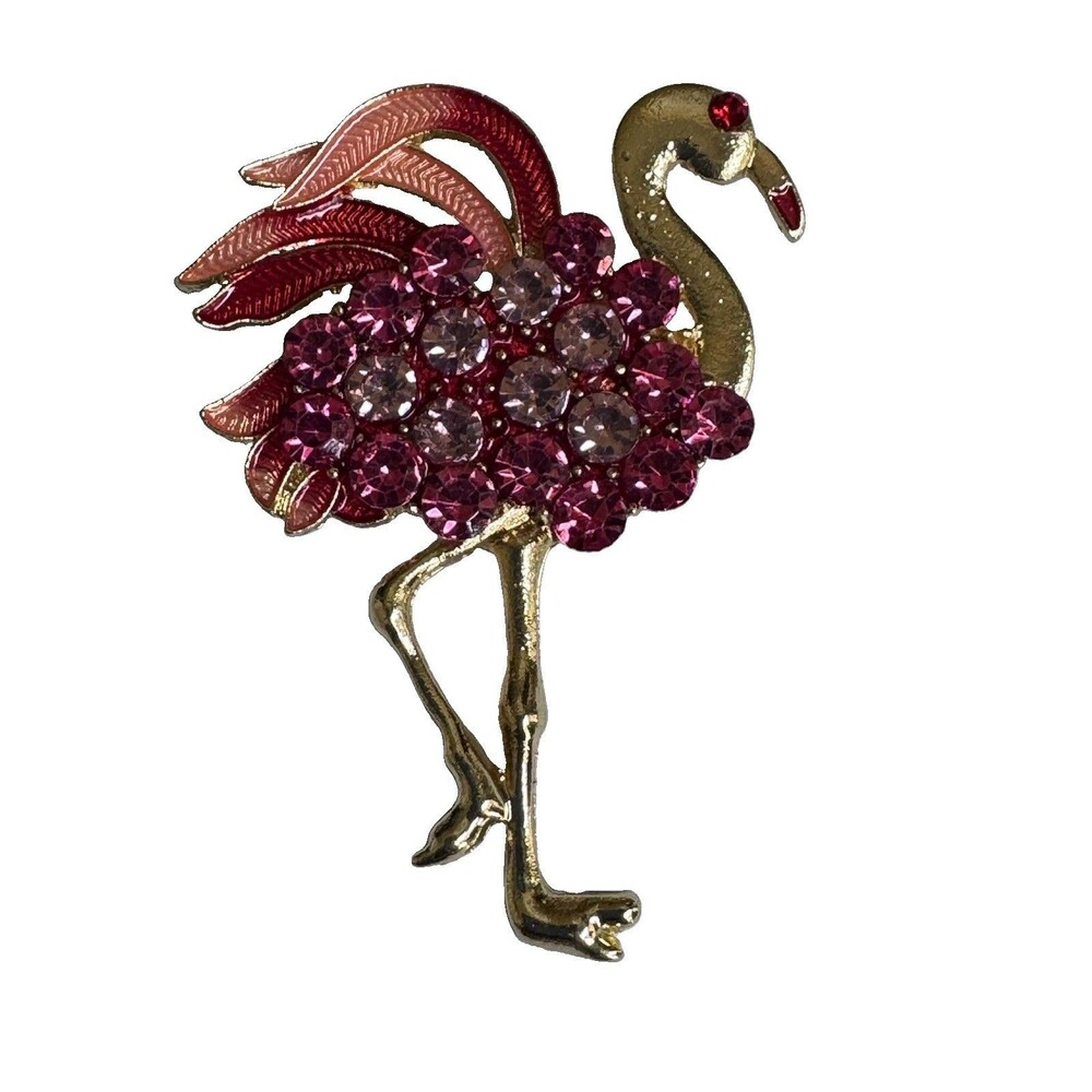 Vintage Pink Flamingo Brooch Rhinestone Enamel Gold Tone Bird Pin Costume...
